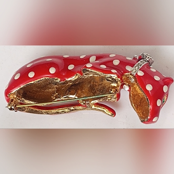 Kenneth Lane Enamel Crystal 1980's Red/White Polka Dot Leopard Signed VTG Brooch - Picture 9 of 16
